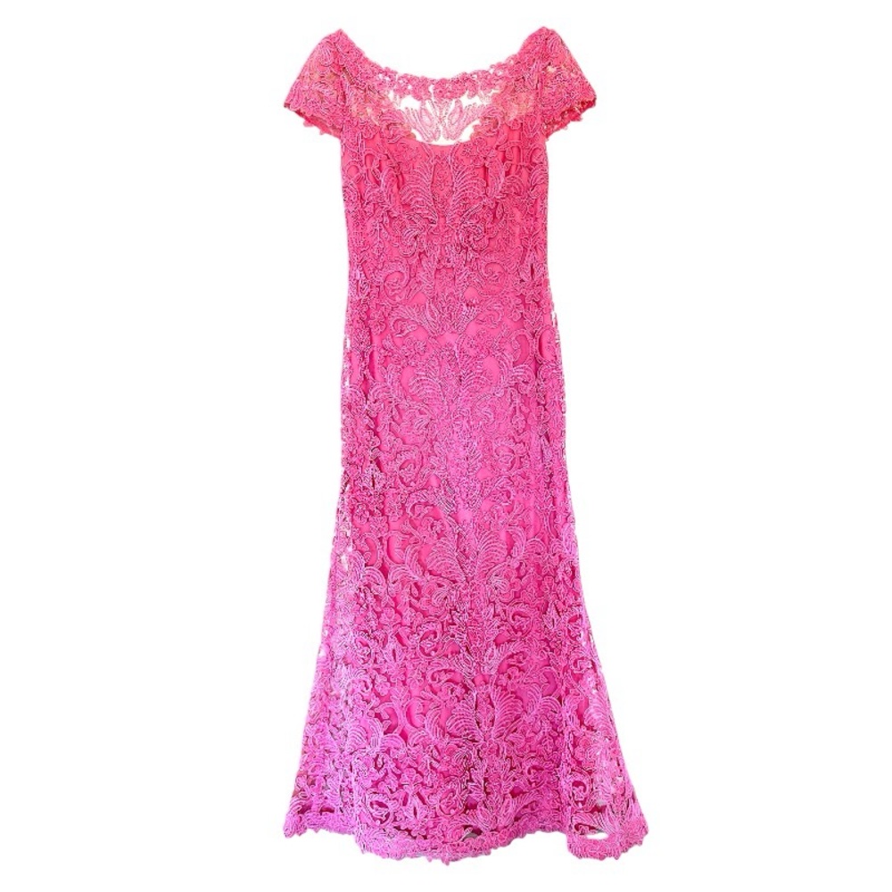 $458 Tadashi Shoji Lace + Corded Embroidery Evening Gown 4 Pink Boat Neck NWT